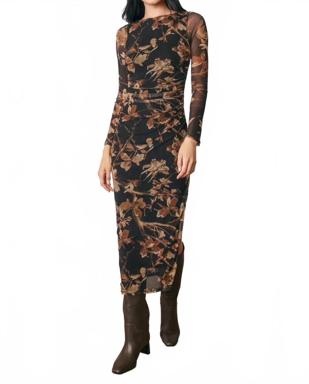 NEW DRESS FORUM floral mesh ruched midi dress in brown floral
